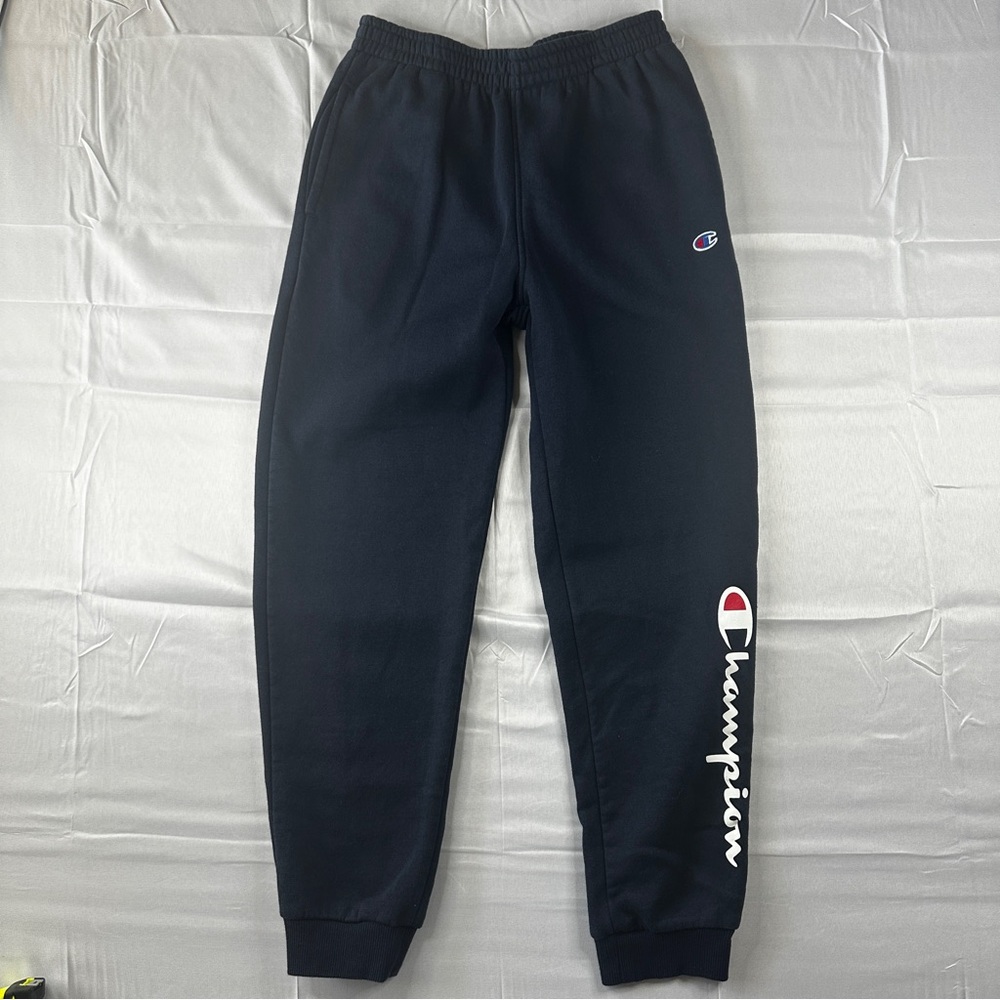 Champion Youth Sweatpants Navy Blue Logo On Leg Size L Soft Elastic Waist - 326